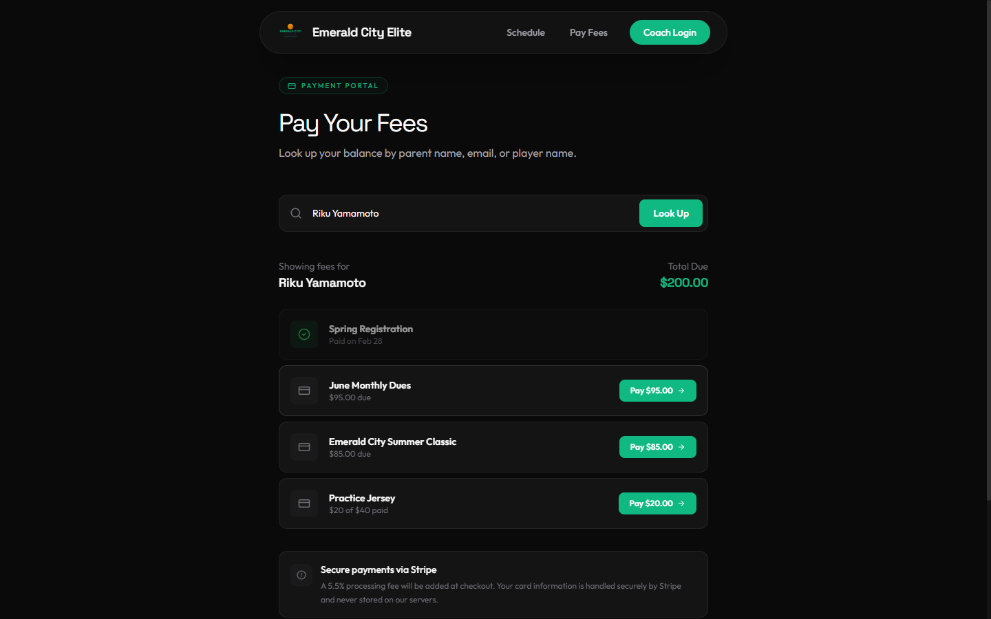 Forge612 parent payment portal with fee lookup