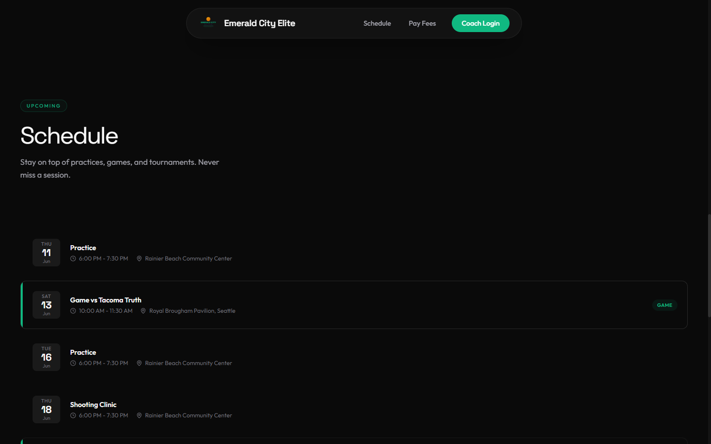 Forge612 schedule view with practices, games, and tournaments